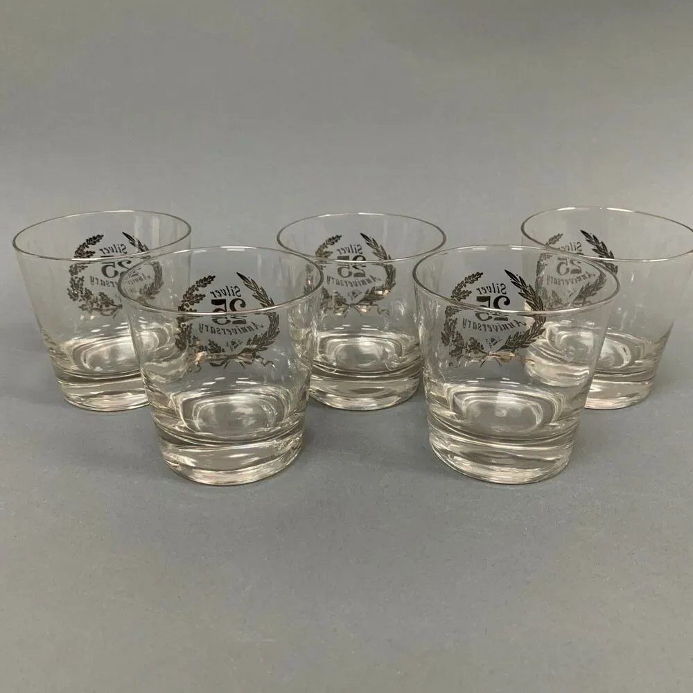 25th Silver Anniversary Old Fashion Clear Glasses Platinum 3 5/8